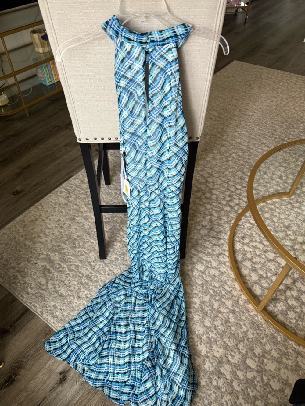 NWT Calvin Klein Halter Maxi Dress Blue Abstract Print Chiffon Ruched Size 14 - Picture 8 of 10